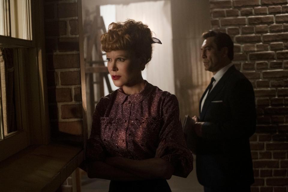 Lucille Ball (Nicole Kidman) and Desi Arnaz (Javier Bardem) navigate personal and professional crises in Aaron Sorkin's "Being the Ricardos."