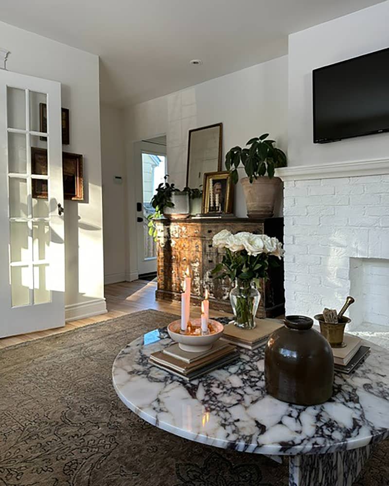 Marble coffee table in newly renovated living room.