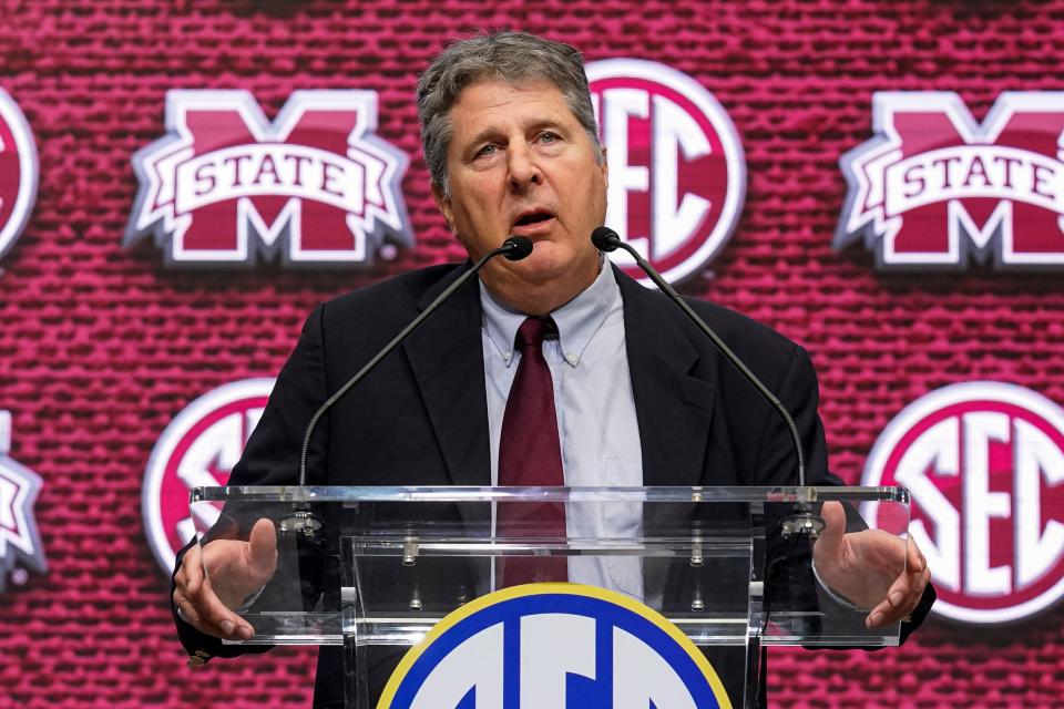 Jul 19, 2022; Atlanta, GA, USA; Mississippi State head coach Mike Leach shown on the stage during SEC Media Days at the College Football Hall of Fame. Mandatory Credit: Dale Zanine-USA TODAY Sports