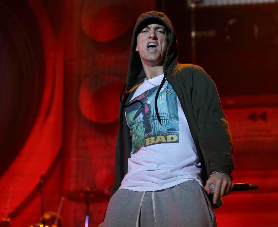 Eminem performs at Lollapalooza in Chicago's Grant Park on Friday, Aug. 1, 2014. (Photo by Steve C.  Mitchell/Invision/AP)