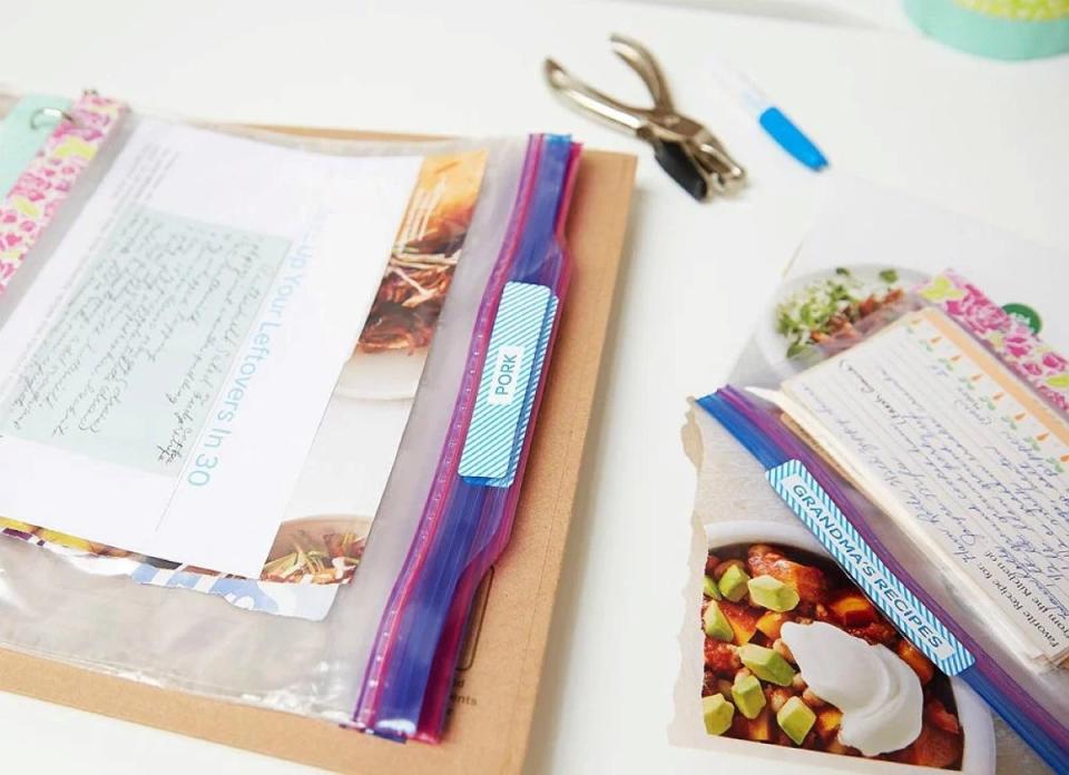 Stack of Ziploc bags with recipes inside.