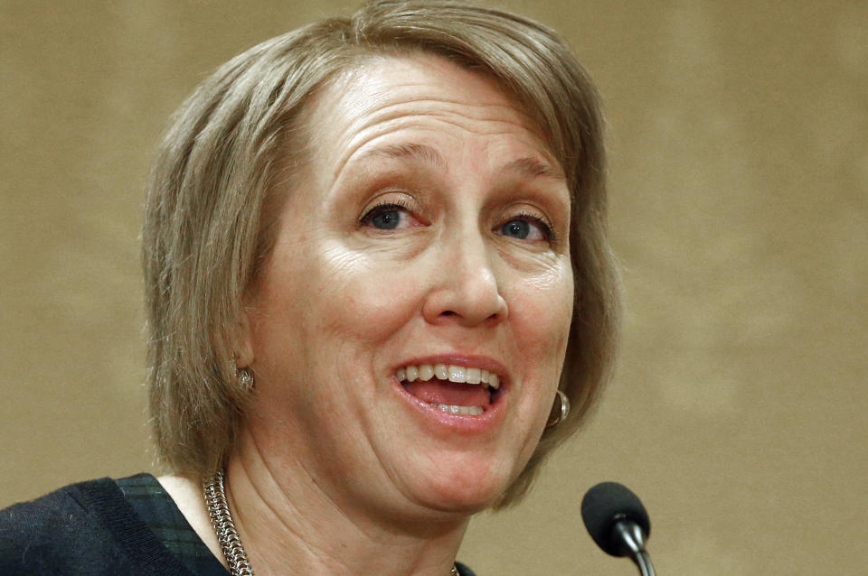 In this Jan., 7, 2019, photo, Rep. Karianne Lisonbee, R - Clearfield, speaks during the Utah Taxpayers Association 2019 legislative outlook conference, in Salt Lake City. A nationwide push to ban LGBTQ conversion therapy for minors looked like it could succeed in conservative Utah after The Church of Jesus Christ of Latter-day Saints said it wouldn't stand in the way, but the effort ground to a halt this week. Lisonbee sponsored the changes and insisted she was looking for a compromise that would still protect LGBTQ kids. But activists say some of her Facebook comments revealed by The Associated Press indicate that she supports the debunked practice. (AP Photo/Rick Bowmer)