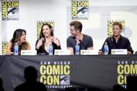 (L-R) Director Patty Jenkins, actors Gal Gadot, Chris Pine and Connie Nielsen attend the Warner Bros. presentation during Comic-Con, on July 23, 2016 in San Diego, California