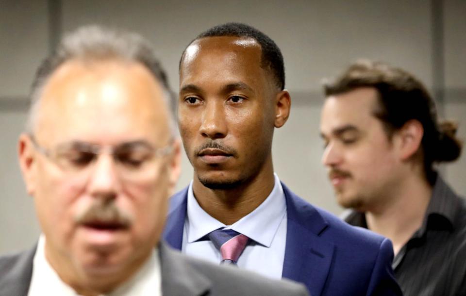 Former Florida State University football standout Travis Rudolph enters the Palm Beach County courthouse prior to testimony in his murder trial June 5, 2023 in West Palm Beach.