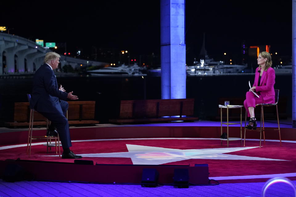 President Donald Trump speaks during an NBC News Town Hall with moderator Savannah Guthrie, at Perez Art Museum Miami, Thursday, Oct. 15, 2020, in Miami. (AP Photo/Evan Vucci)