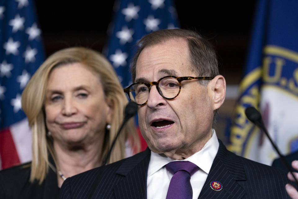 FILE - In this Oct. 31, 2019 file folder, Rep. Jerrold Nadler, D-N.Y., chairman of the House Judiciary Committee, joined at left by Rep. Carolyn Maloney, acting chair of the House Committee on Oversight and Reform, meets with reporters at the Capitol in Washington. A divided House panel has endorsed a proposal to decriminalize and tax marijuana at the federal level. Groups supporting an end to the national prohibition on pot call the 24-10 vote by the House Judiciary Committee historic. However, even if passed in the House, the proposal faces an uncertain future in the Republican-controlled Senate. (AP Photo/J. Scott Applewhite, FIle)