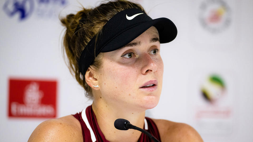 Pictured here, Ukrainian tennis star Elina Svitolina speaks to reporters at a press conference.