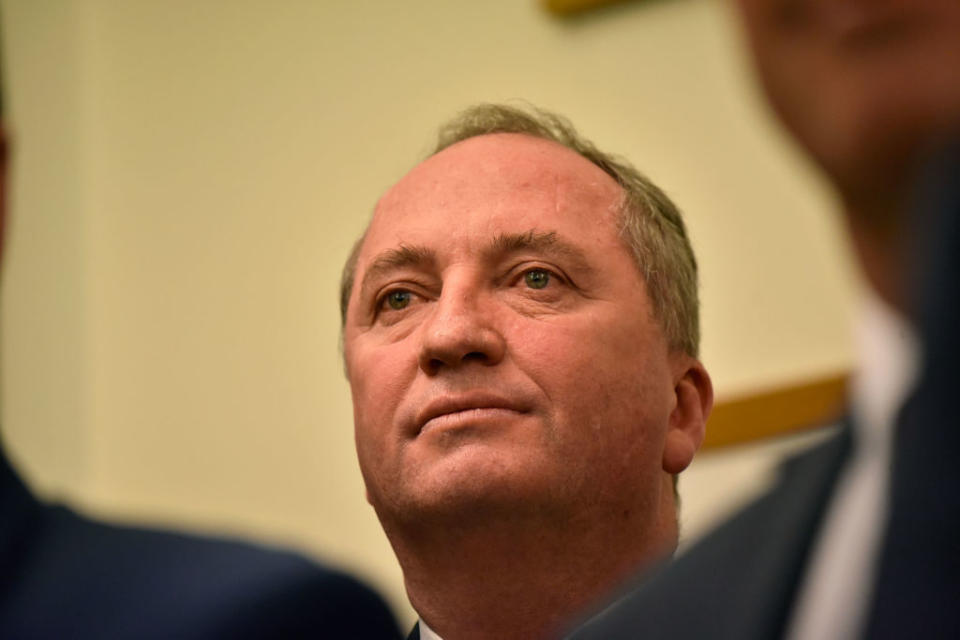 <<enter caption here>> on February 26, 2018 in Canberra, Australia. Former National Party leader Barnaby Joyce resigned from the position last week after it was revealed he had separated from his wife and was expecting a child with his former media adviser Vikki Campion. 