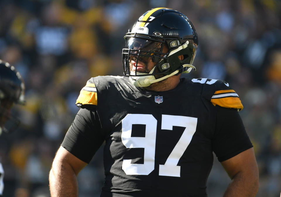 Nov 12, 2023; Pittsburgh, Pennsylvania, USA; Pittsburgh Steelers defensive tackle Cameron Heyward (97) in between plays against the <a class="link " href="https://sports.yahoo.com/nfl/teams/green-bay/" data-i13n="sec:content-canvas;subsec:anchor_text;elm:context_link" data-ylk="slk:Green Bay Packers;sec:content-canvas;subsec:anchor_text;elm:context_link;itc:0">Green Bay Packers</a> at Acrisure Stadium. Mandatory Credit: Philip G. Pavely-USA TODAY Sports