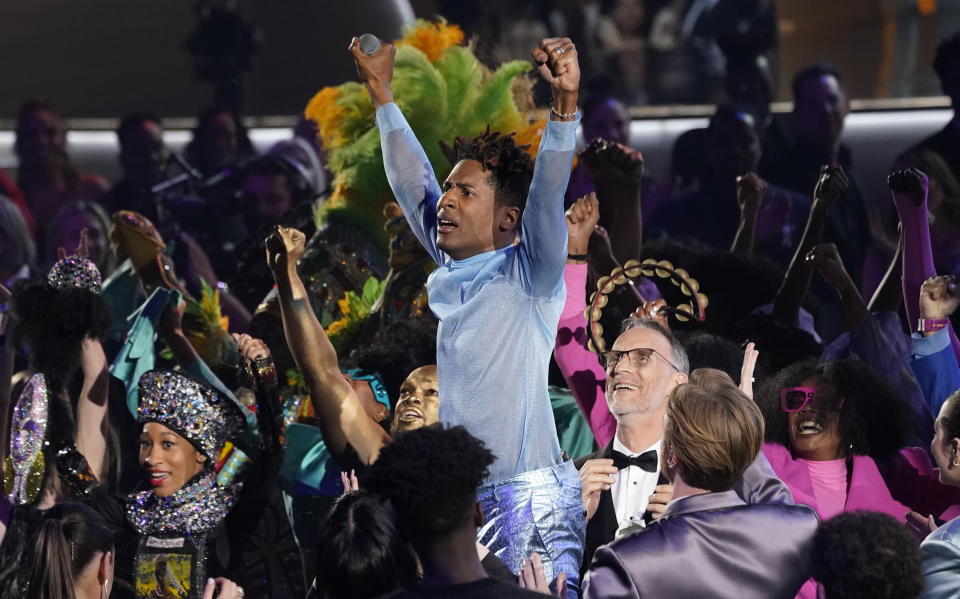 Jon Batiste appears in the audience as he performs "Freedom" at the 64th Annual Grammy Awards on Sunday, April 3, 2022, in Las Vegas. (AP Photo/Chris Pizzello)