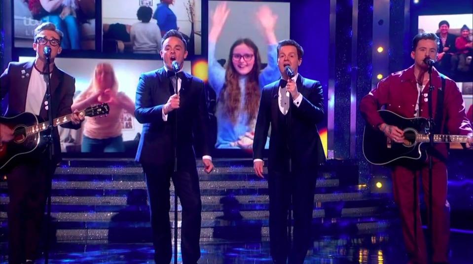 ant and dec's saturday night takeaway finale, with ant and dec singing on stage with mcfly's tom fletcher and danny jones