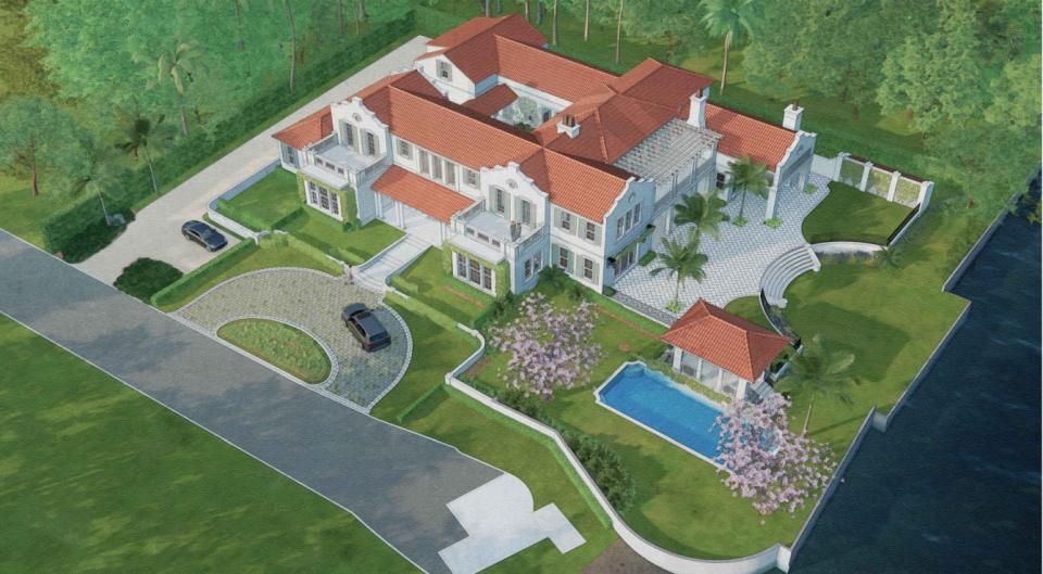 A bird's-eye rendering shows a just-approved Palm Beach house with Cape Dutch-style architecture designed for 360 El Brillo Way.
