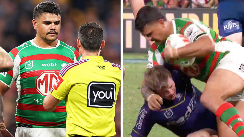 Latrell Mitchell speaks to the referee and Mitchell pushes Harry Grant.