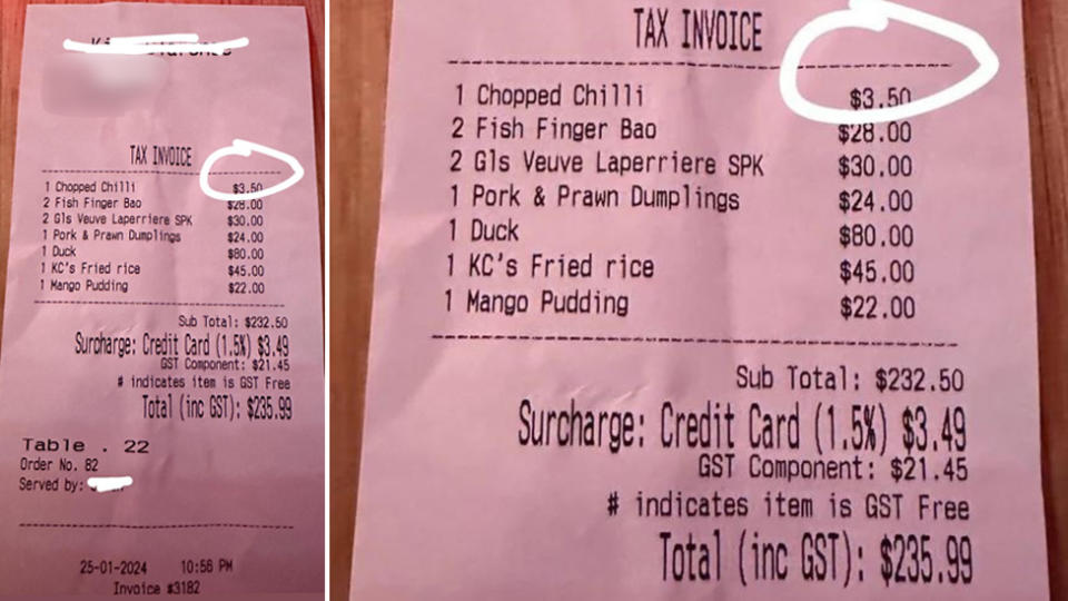 Photo of the receipt with the $3.50 chopped chilli charge circled.