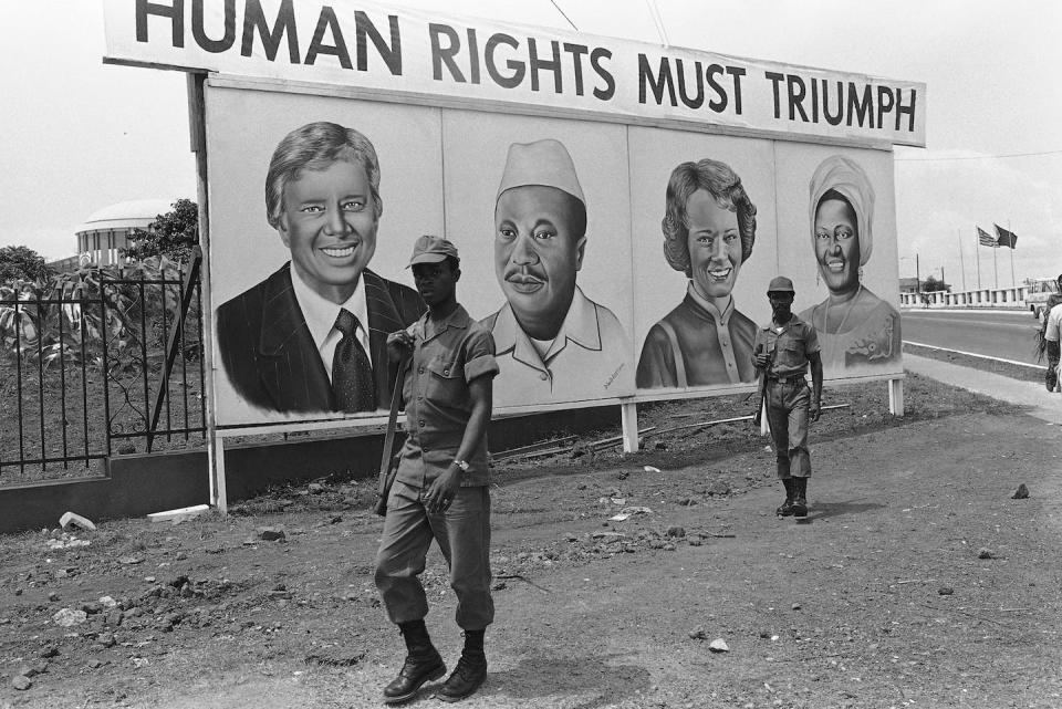 Human rights were a cornerstone of President Jimmy Carter’s foreign policy. Here, a billboard with his picture on it in Liberia. <a href="http://www.apimages.com/metadata/Index/Watchf-AP-I-LBR-APHS428975-President-Jimmy-Cart-/dda31a60972348578e97cec6fef077e1/24/0" rel="nofollow noopener" target="_blank" data-ylk="slk:AP Photo/Michel Lipchitz;elm:context_link;itc:0;sec:content-canvas" class="link ">AP Photo/Michel Lipchitz</a>