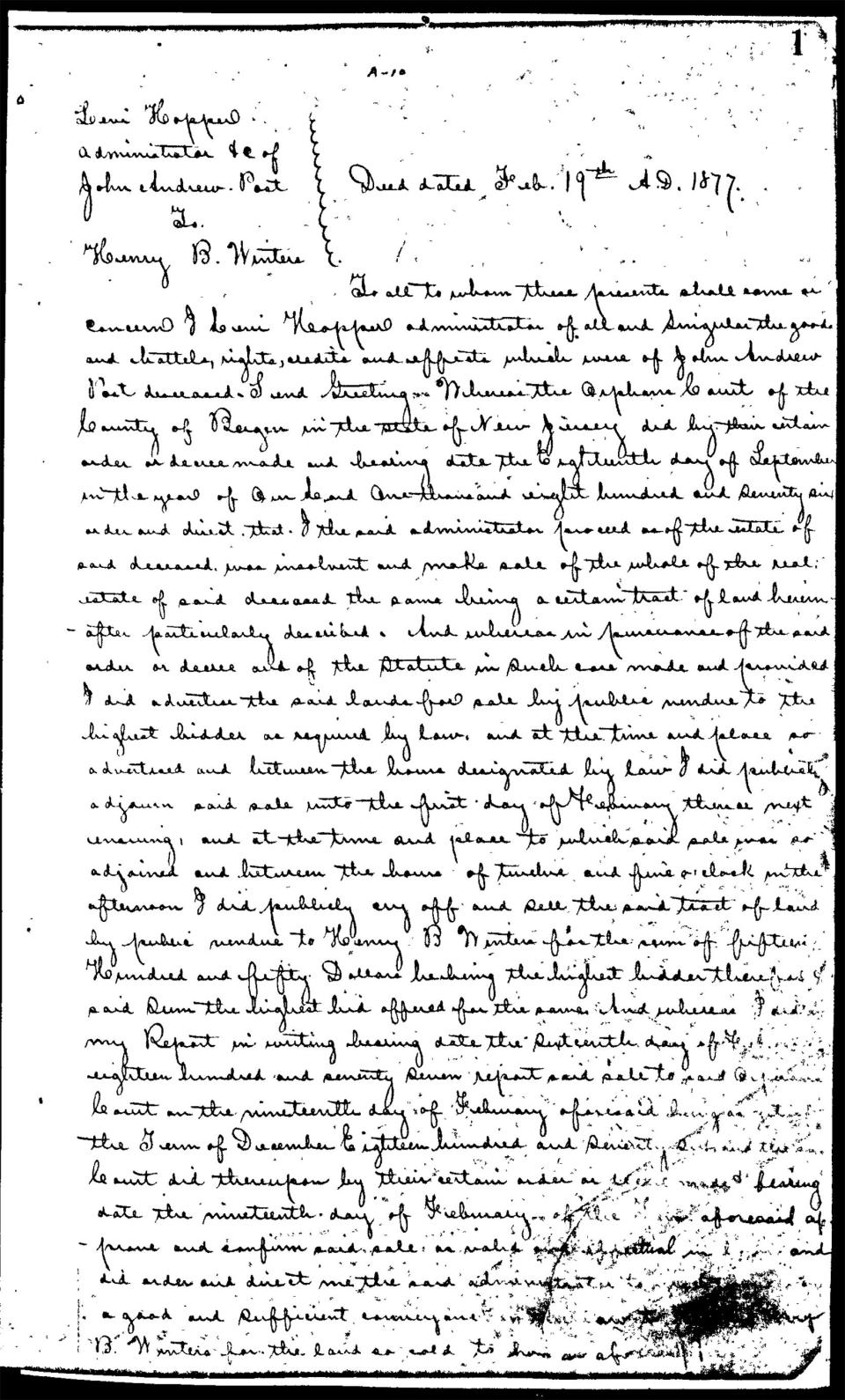 A scanned copy of a deed from 1877.
