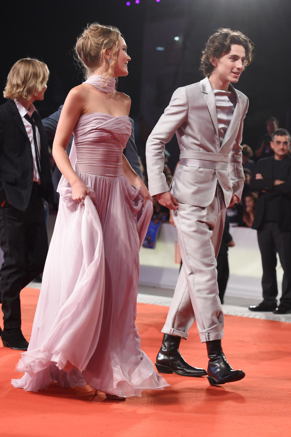 VENICE, ITALY - SEPTEMBER 02: Lily-Rose Depp and Timothee Chalamet attend "The King" red carpet during the 76th Venice Film Festival at Sala Grande on September 02, 2019 in Venice, Italy. (Photo by Stefania D'Alessandro/WireImage,)