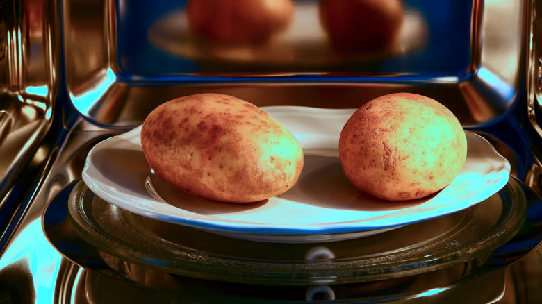 Two potatoes in a microwave