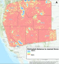Map showing the density of fencing in the western U.S.