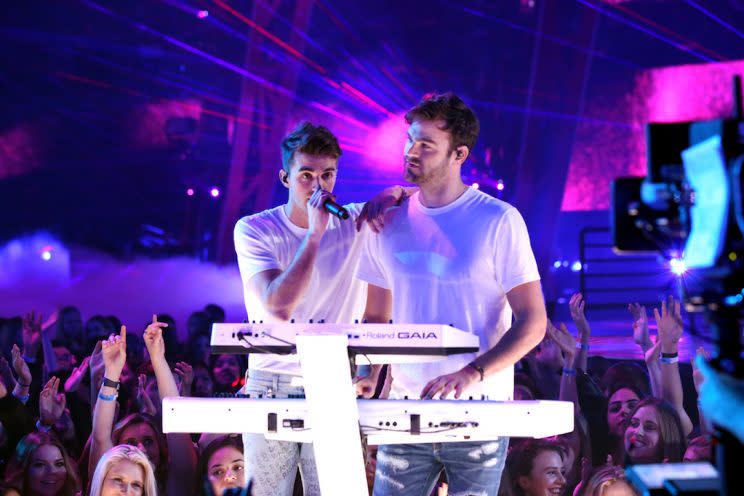 INGLEWOOD, CA – MARCH 05: Musicians Drew Taggart (L) and Alex Pall of The Chainsmokers perform onstage at the 2017 iHeartRadio Music Awards which broadcast live on Turner’s TBS, TNT, and truTV at The Forum on March 5, 2017 in Inglewood, California. (Photo by Jonathan Leibson/Getty Images for iHeartMedia)