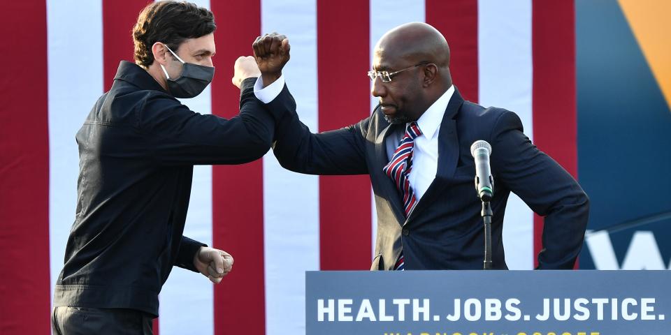 Rev Raphael Warnock and Jon Ossoff meet in a georgia senate runoff rally