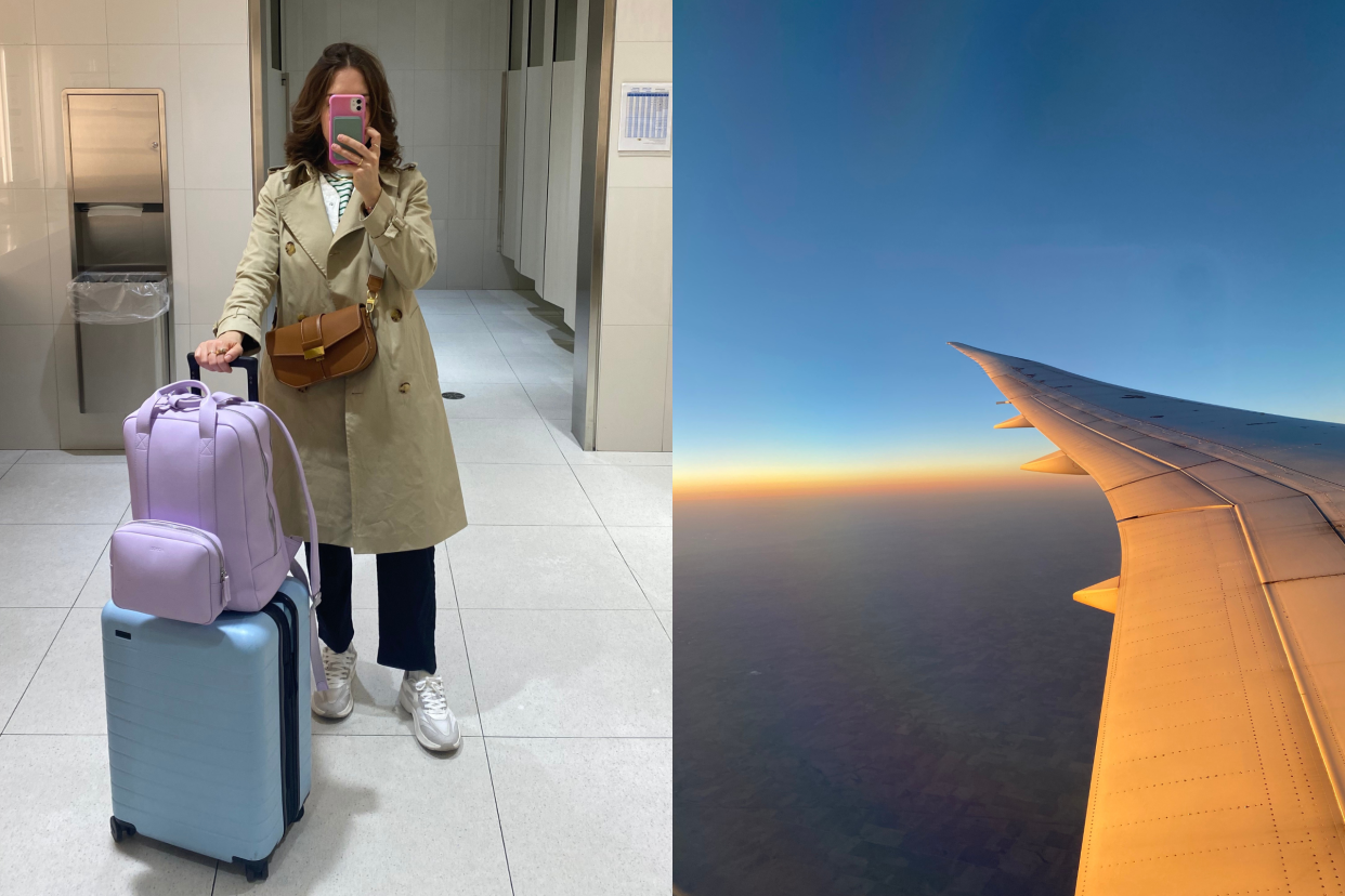 split screen of woman wearing trench coat taking mirror selfie with purple monos backpack and blue away suitcase, picture of sunset outside of a plane