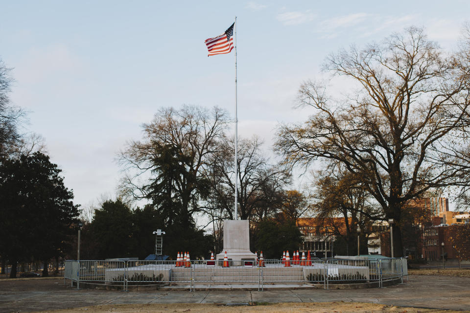 A pedestal, where the statue of General Nathan Bedford Forrest stood before it was removed, stands at a park in Memphis, Tenn. on Dec. 21, 2017. The City Council voted unanimously to sell two Memphis parks where Confederate statues were located. The parks were sold to Greenspace Inc. for $1,000 each, according to The Commercial Appeal. (Photo: Houston Cofield/Bloomberg via Getty Images)