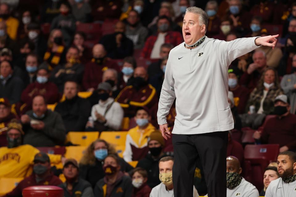 Feb 2, 2022; Minneapolis, Minnesota, USA; Purdue Boilermakers Head Coach Matt Painter reacts during the first half against the Minnesota Gophers at Williams Arena.