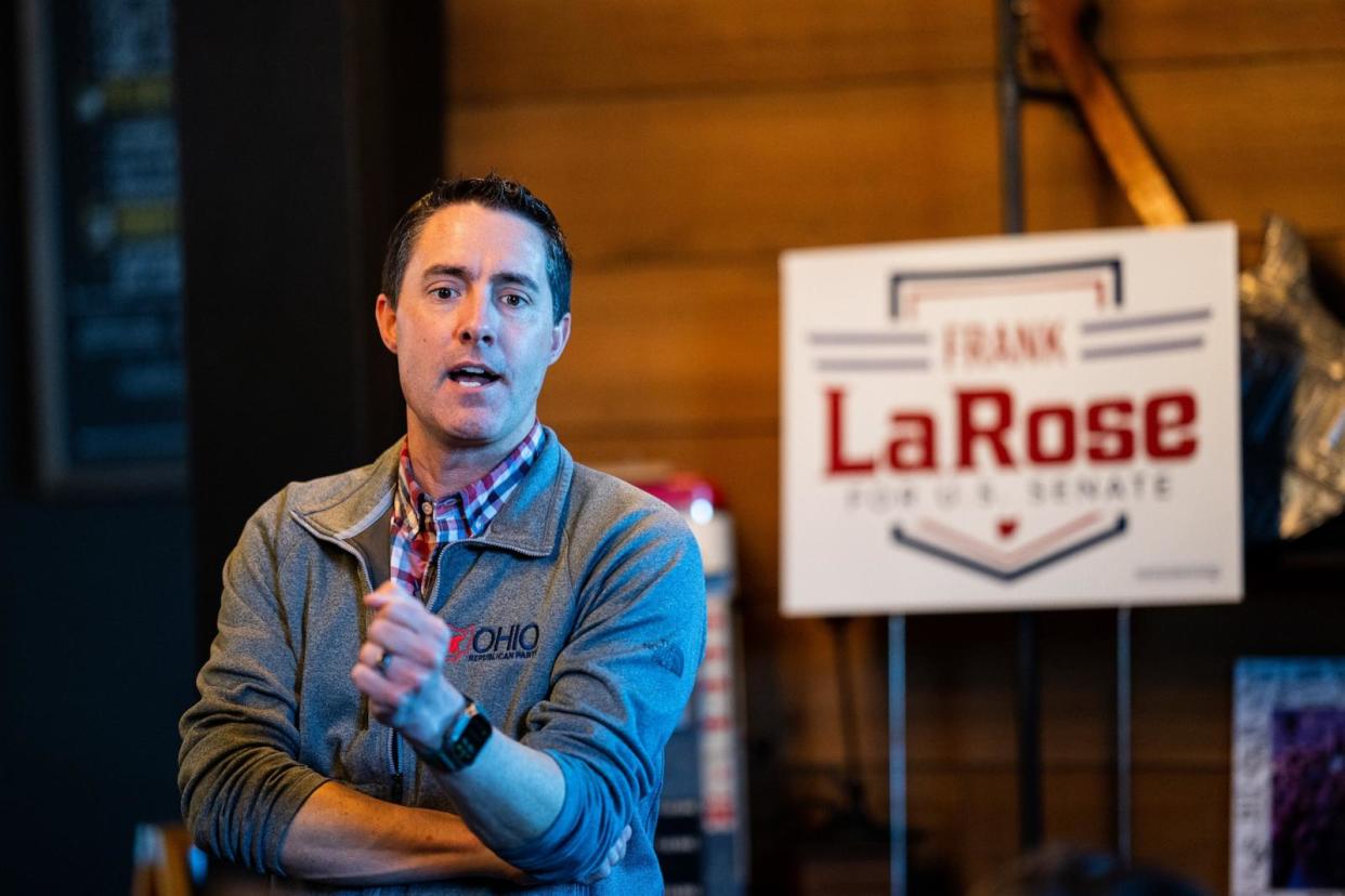 PHOTO: Frank LaRose, Republican candidate for Senate, speaks during his meet and greet event at Tremont Coffee in Massillon, Ohio on Saturday, Mar. 16, 2024. (Bill Clark/CQ-Roll Call via Getty Images)