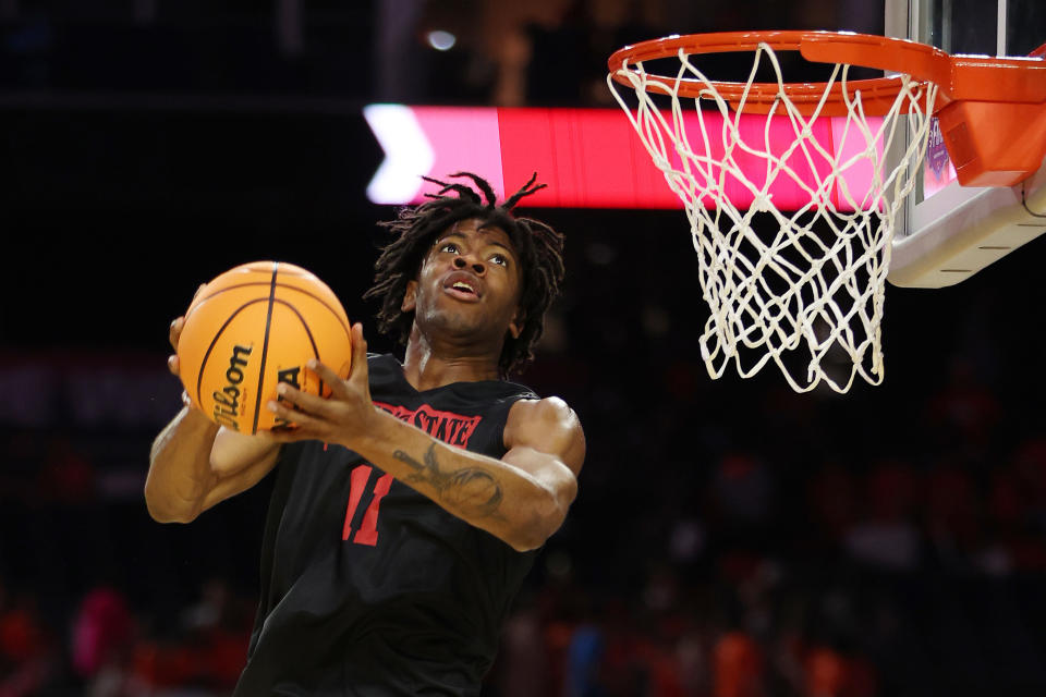Demarshay Johnson Jr. of the San Diego State Aztecs practices ahead of the Final Four at NRG Stadium in Houston. (Photo by Gregory Shamus/Getty Images)
