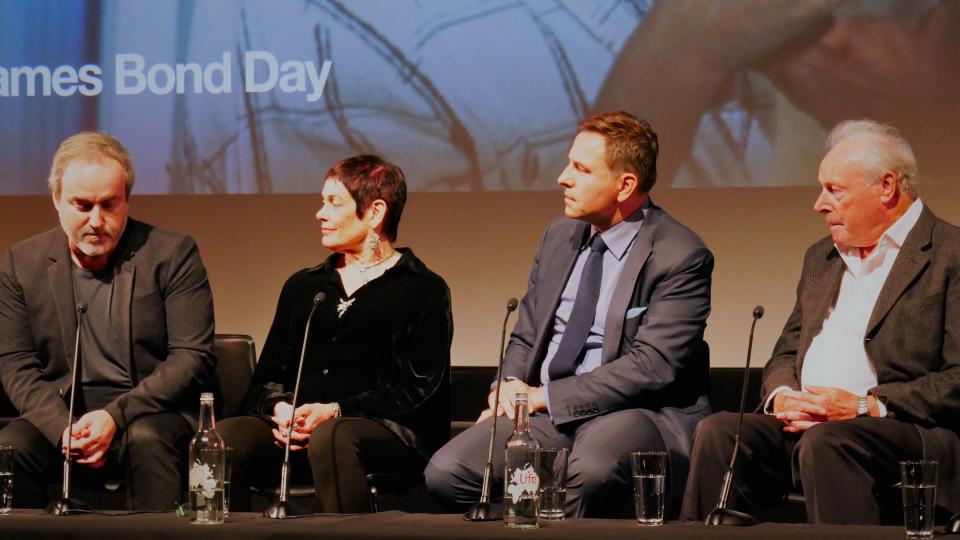 David Arnold, Martine Beswick, David Walliams and John Glen at the BFI in 2019. (Photo by Mark O'Connell)