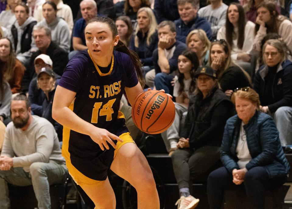 St. Rose Cassidy Kruesi drives to the basket. St. Rose Girls Basketball vs Manasquan SCT Quarterfinal game in Middletown, NJ on February, 10 2024