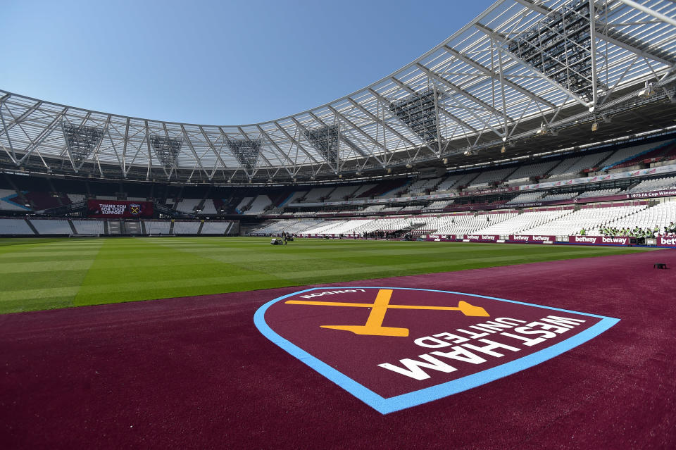 LONDON, ENGLAND - APRIL 20:  A General View of the New Pitch Surround around the Pitch before the Premier League match between West Ham United and Leicester City at London Stadium on April 20, 2019 in London, United Kingdom.  (Photo by Arfa Griffiths/West Ham United FC via Getty Images)