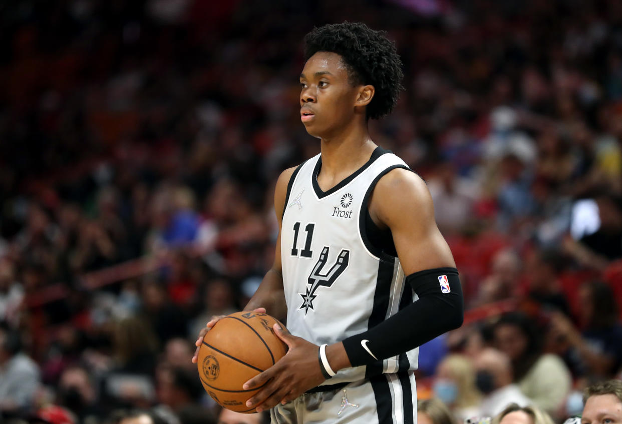 MIAMI, FLORIDA - FEBRUARY 26: Joshua Primo #11 of the San Antonio Spurs looks on during the third quarter against the Miami Heat at FTX Arena on February 26, 2022 in Miami, Florida. NOTE TO USER: User expressly acknowledges and agrees that, by downloading and or using this photograph, User is consenting to the terms and conditions of the Getty Images License Agreement. (Photo by Megan Briggs/Getty Images)