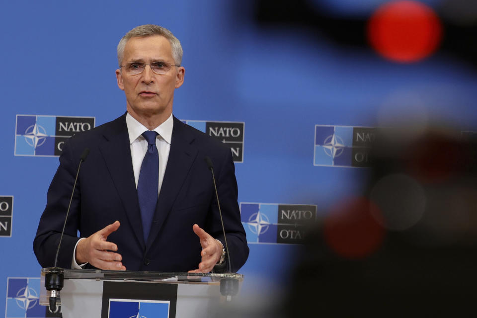 NATO Secretary General Jens Stoltenberg speaks during a media conference after a meeting of NATO foreign ministers at NATO headquarters in Brussels, Thursday, April 7, 2022. Ukraine on Thursday appealed to NATO for more weapons in its fight against Russia to help prevent further atrocities like those reported in the city of Bucha, and urged Germany to slash red tape so that more supplies can get in. (AP Photo/Olivier Matthys)