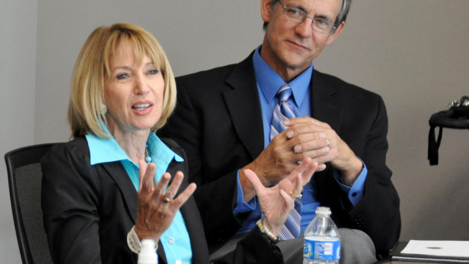 Then U.S. Geological Survey Director Marcia McNutt, left,  talks about the agency's partnership with South Dakota State University as Dennis Helder, head of SDSU's electrical engineering department, listens, Wednesday, Sept. 1, 2010, at the school in Brookings, S.D. (Dirk Lammers/AP)