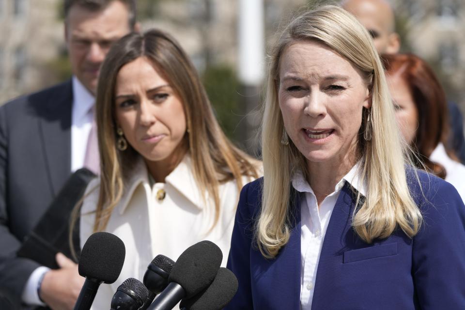 Lawyer Erin Hawley of the Alliance Defending Freedom and wife of U.S. Senator Josh Hawley (R-MO), far left, walks towards the media outside the U.S. Supreme Court as justices hear oral arguments in a bid by President Joe Biden's administration to preserve broad access to the abortion pill, outside the court in Washington on March 26, 2024