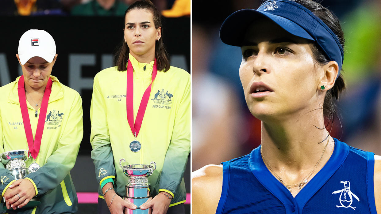 Ajla Tomljanovic and Ash Barty, pictured here on the tennis court.