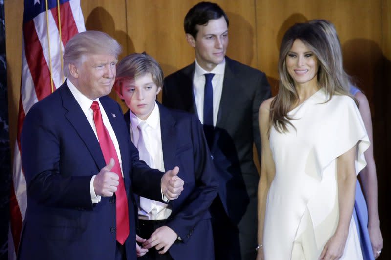 President-elect Donald Trump arrives with his family to make his acceptance speech at the New York Hilton Midtown on November 8, 2016, in New York City. File Photo by John Angelillo/UPI