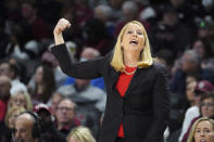 Maryland head coach Brenda Frese communicates with players during the first half of an NCAA college basketball game against South Carolina Sunday, Dec. 12, 2021, in Columbia, S.C. (AP Photo/Sean Rayford)