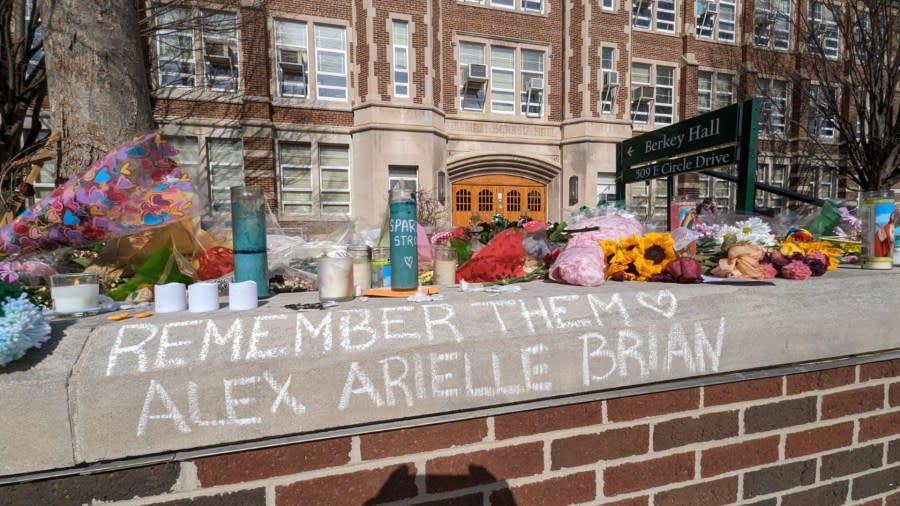 A memorial outside of Berkey Hall on Michigan State University’s campus as students return to class on Feb. 20, 2023.