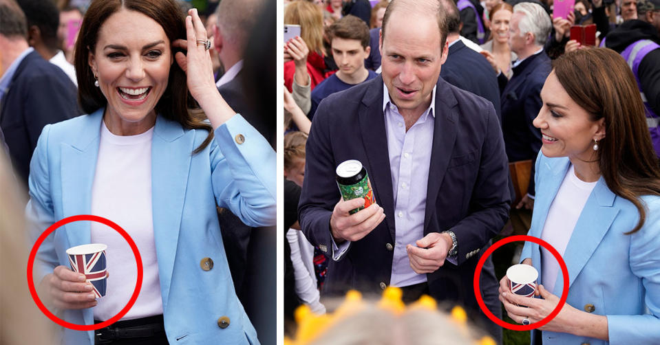 L: Kate Middleton holding a cup. R: Prince William holding a beer while Kate Middleton holds a cup