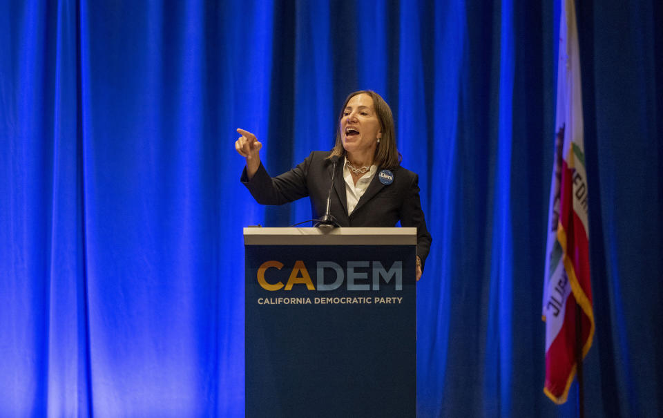 California Lt. Gov. Eleni Kounalakis speaks to the Labor Caucus at the California Democratic Party state endorsing convention, Friday, Nov. 17, 2023, at SAFE Credit Union Convention Center in Sacramento.(Lezlie Sterling/The Sacramento Bee via AP)