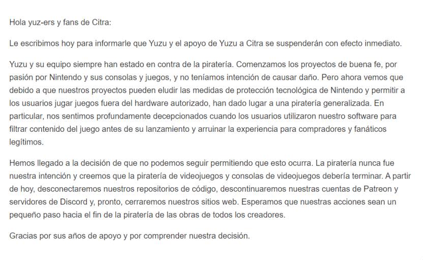 Con este comunicado, Tropic Haze anunciaron el abandono de los proyectos Yuzu y Citra