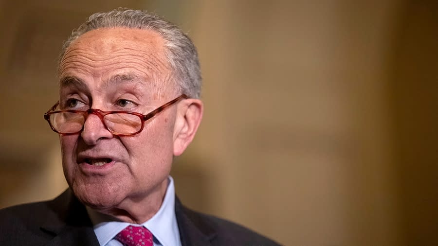 Majority Leader Charles Schumer (D-N.Y.) speaks with reporters following the weekly Republican luncheon at the U.S. Capitol on Tuesday, April 26, 2022.