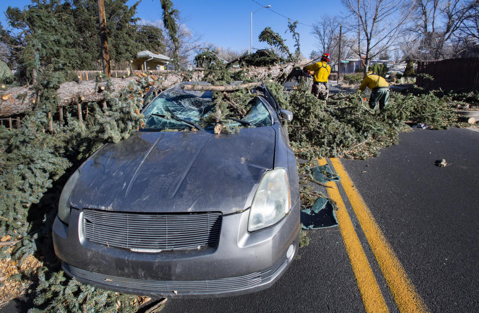 Members of the Colorado Springs Utilities Catamount crew remove a fallen tree that crushed a car driving westbound on Unitah Street in Colorado Springs, Colo., as wind gusts reached more than 100 mph in the Pikes Peak Region Wednesday, Dec. 15, 2021. The driver and passenger were transported to a local hospital. (Christian Murdock/The Gazette via AP)