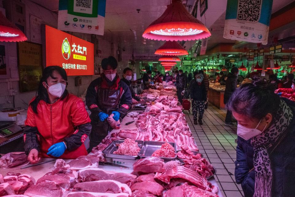 Pork for sale at a wholesale market in Beijing.