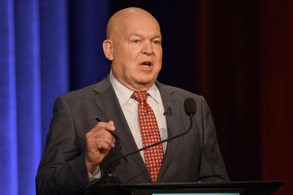 FILE – Republican Mike Dugan speaks at the 3rd Congressional District debate hosted by the Atlanta Press Club on April 28, 2024, in Atlanta. Voters are choosing between Dugan and four other Republicans in a primary to decide the GOP nominee on Tuesday, May 21, 2024. (AP Photo/Jason Allen, File)