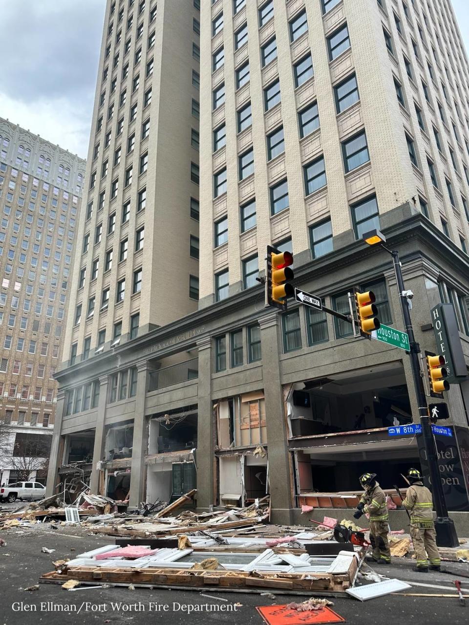 An explosion in a basement restaurant of the Sandman Signature Hotel in downtown Fort Worth on Monday, Jan. 8, 2024, blew out windows on the first and second floors and scattered debris hundreds of feet around the 20-story building.