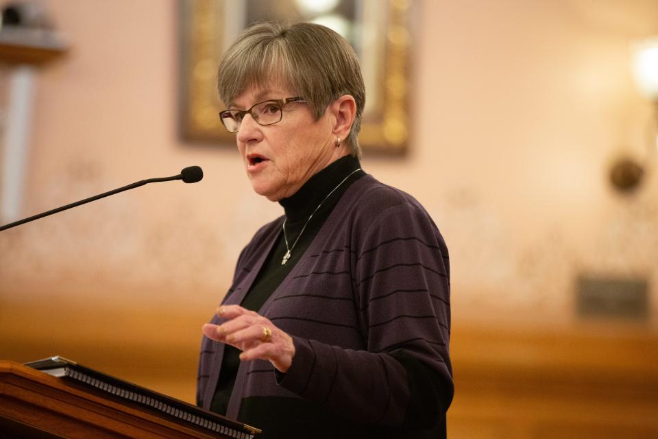 Gov. Laura Kelly gives remarks about the final report by the Kansas Early Childhood Transition Task Force during Monday's meeting at the Statehouse.